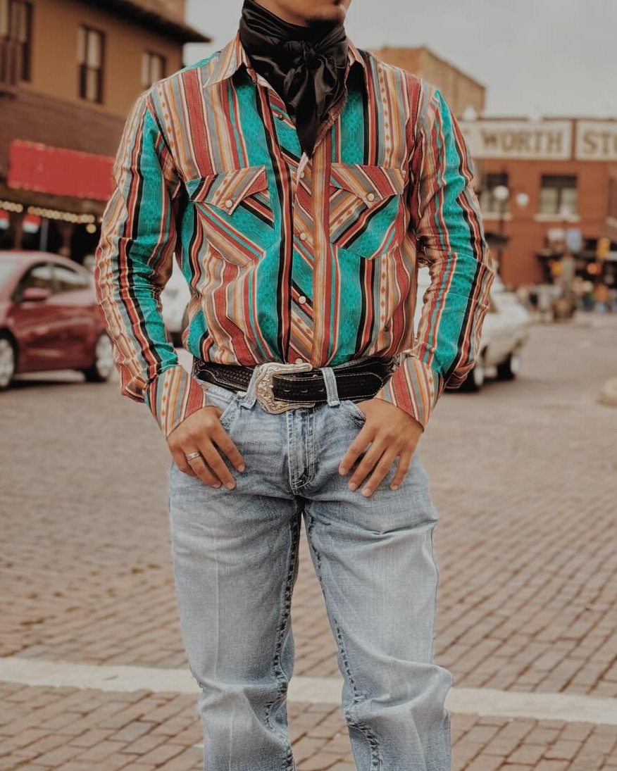 Men's Casual Retro Green Striped Long Sleeve Shirt-1