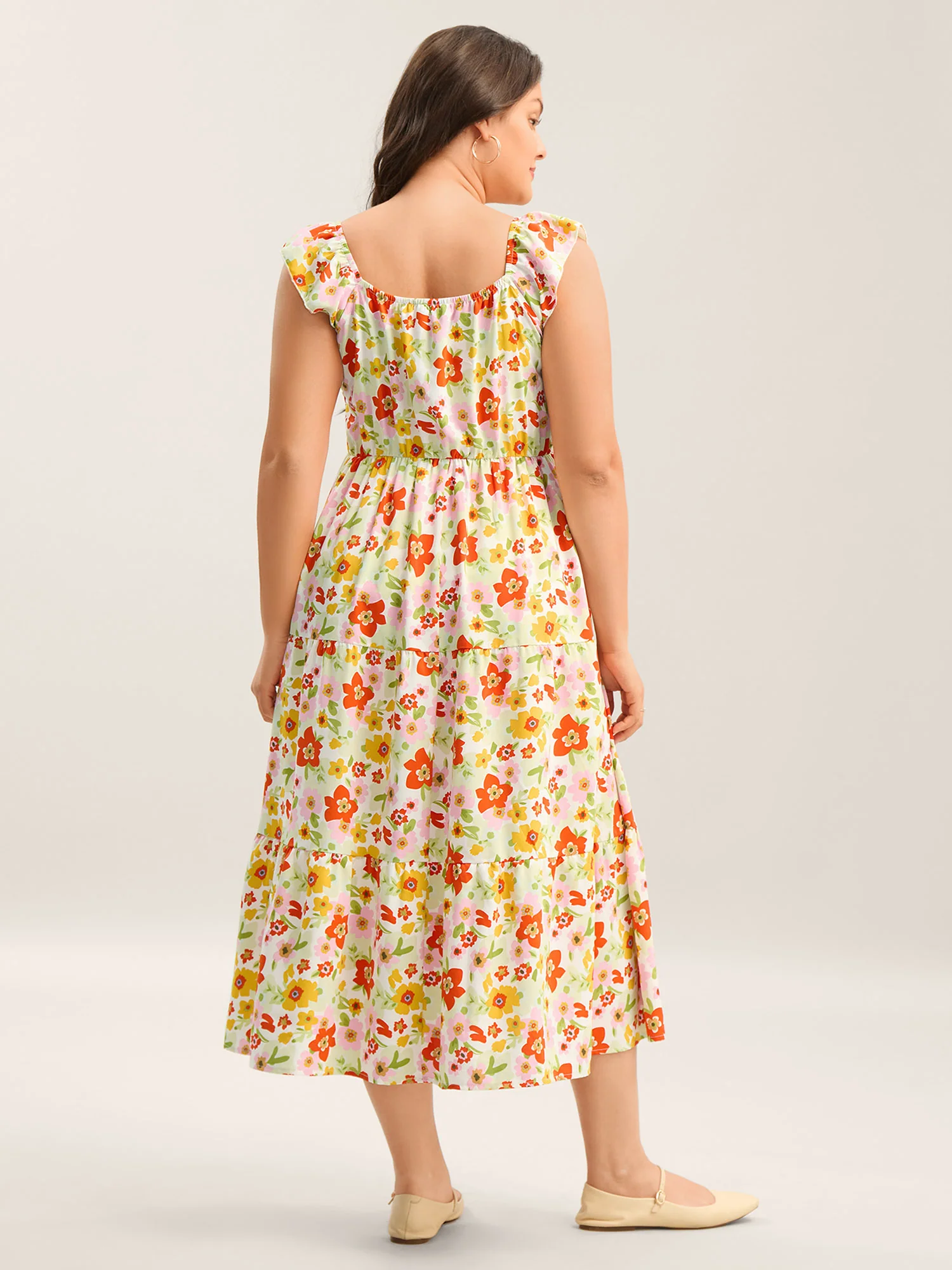 Floral Garden Stretchy Waist Shirred Midi Dress