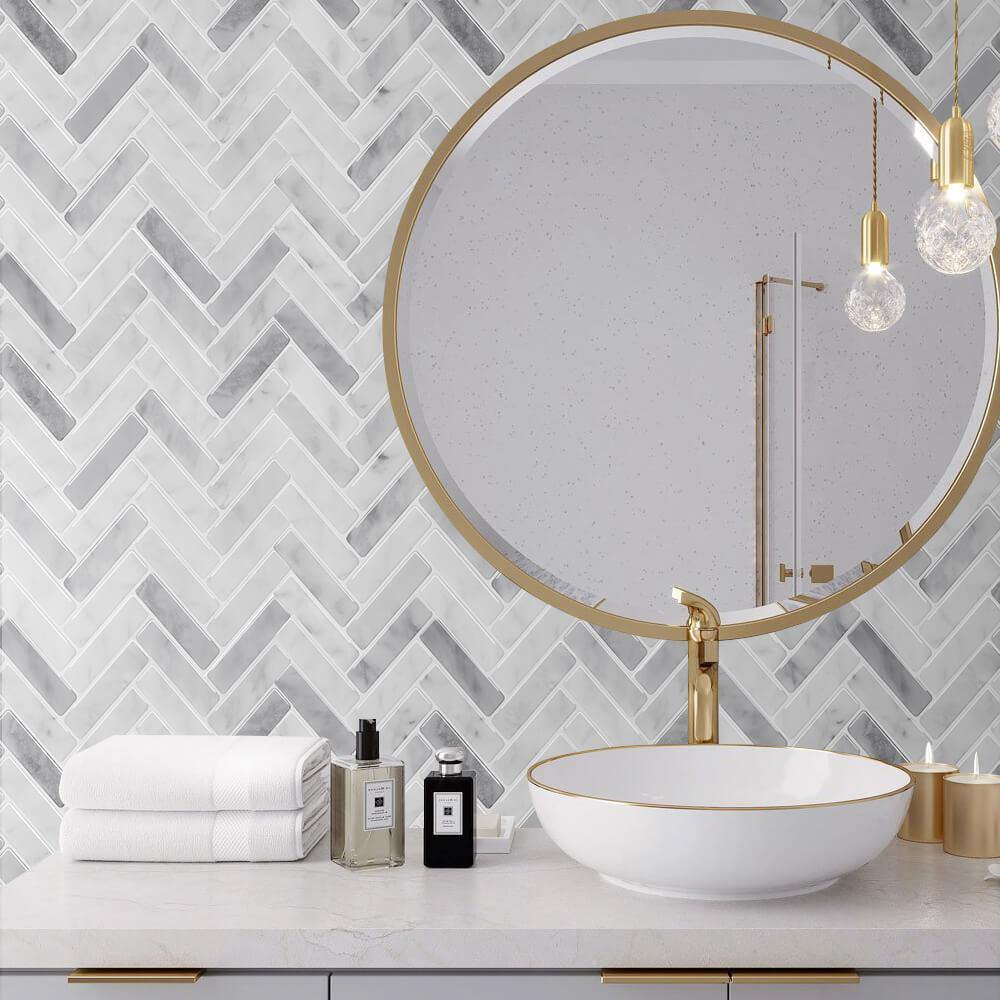 White Marble Herringbone Backsplash Peel and Stick Tile - Thicker Design