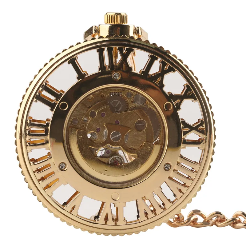 Steampunk Golden Hollow Automatic Mechanical Pocket Watch for Women Men Hollow Roman Number Dial Clock Pendant Necklace Chain