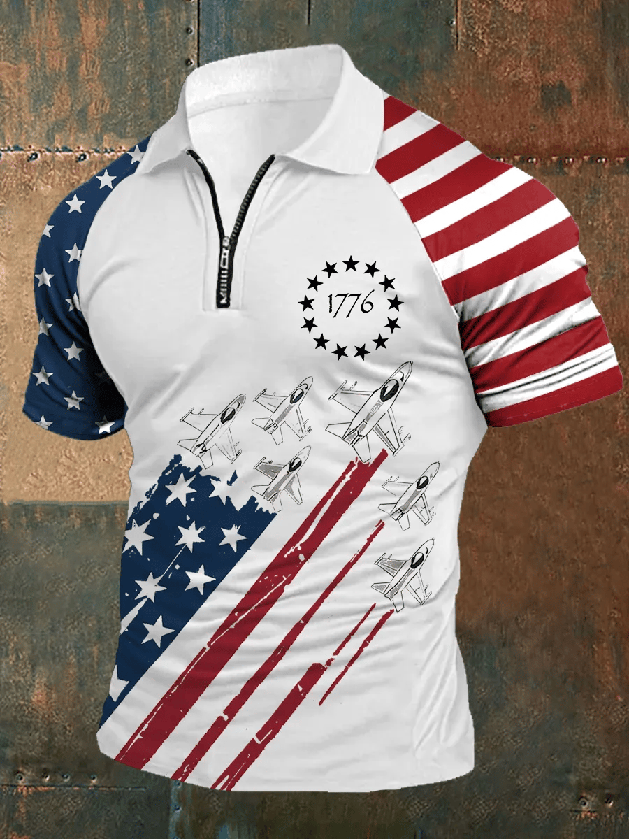 Men's  Independence Day American Flag 1776 Print Zip-Up Raglan Sleeve Polo Shirt