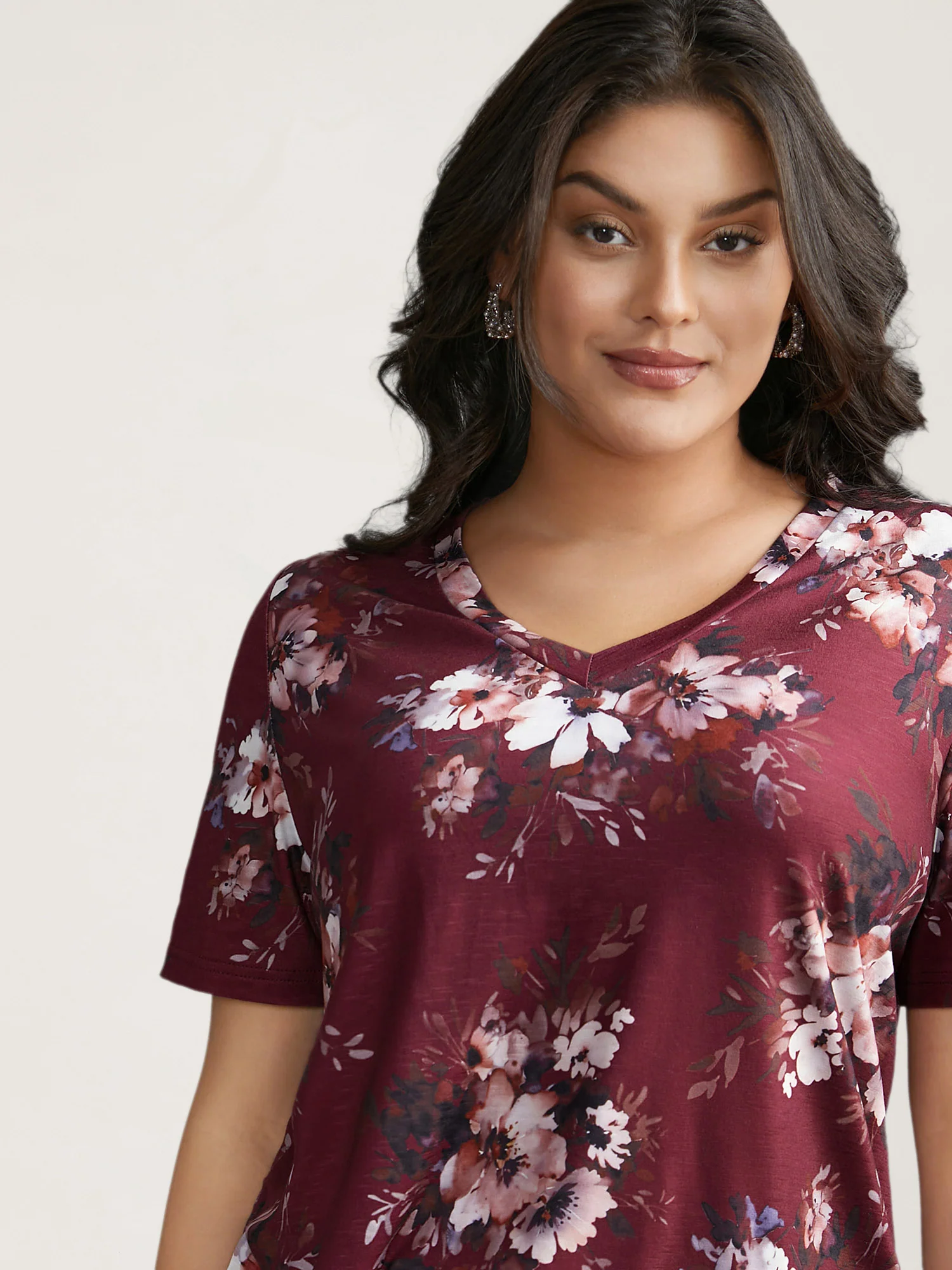 Floral Print V Neck Stretchy T-shirt