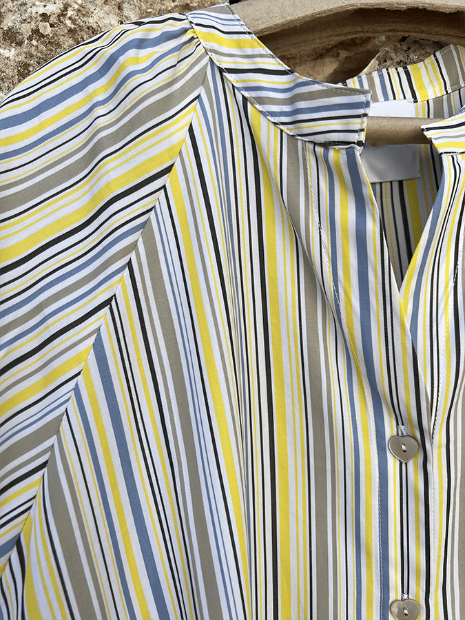 Women's Vintage Contrast Stripe Design V-Neck Button-Up Cotton And Linen Dress
