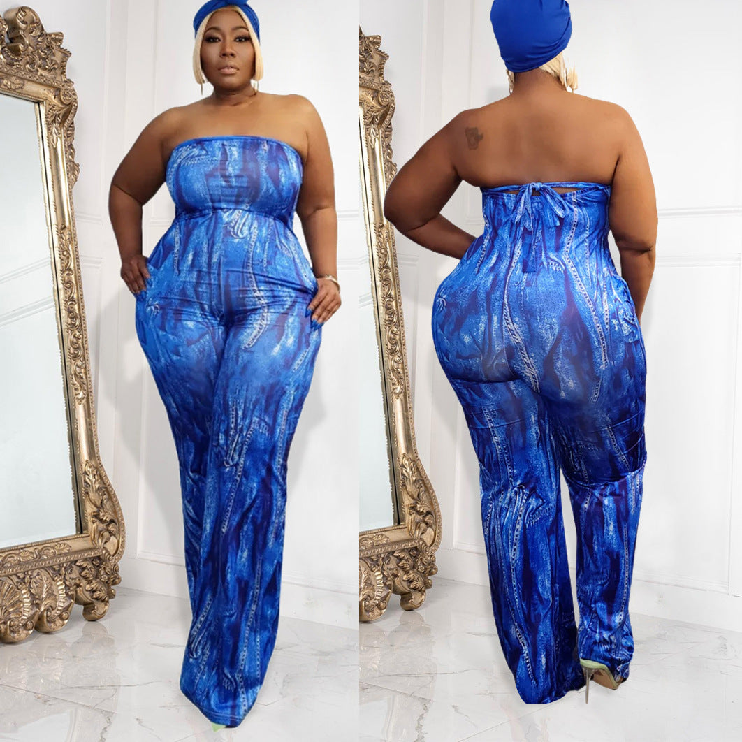 Plus Size Women Clothes Spring Summer Sexy Tube Top Lace Up Jumpsuit Denim Pattern Wide Leg Jumpsuit