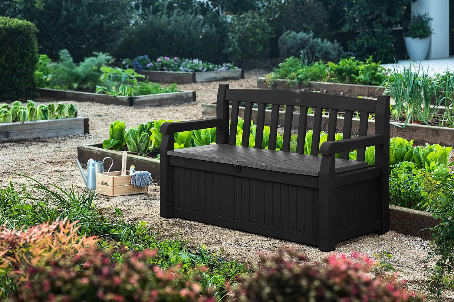 Keter Solana 70 Gallon Storage Bench Deck Box for Patio Furniture