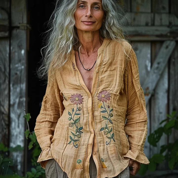 Bohemian Style Linen Floral Art Print  Long Sleeve Shirt