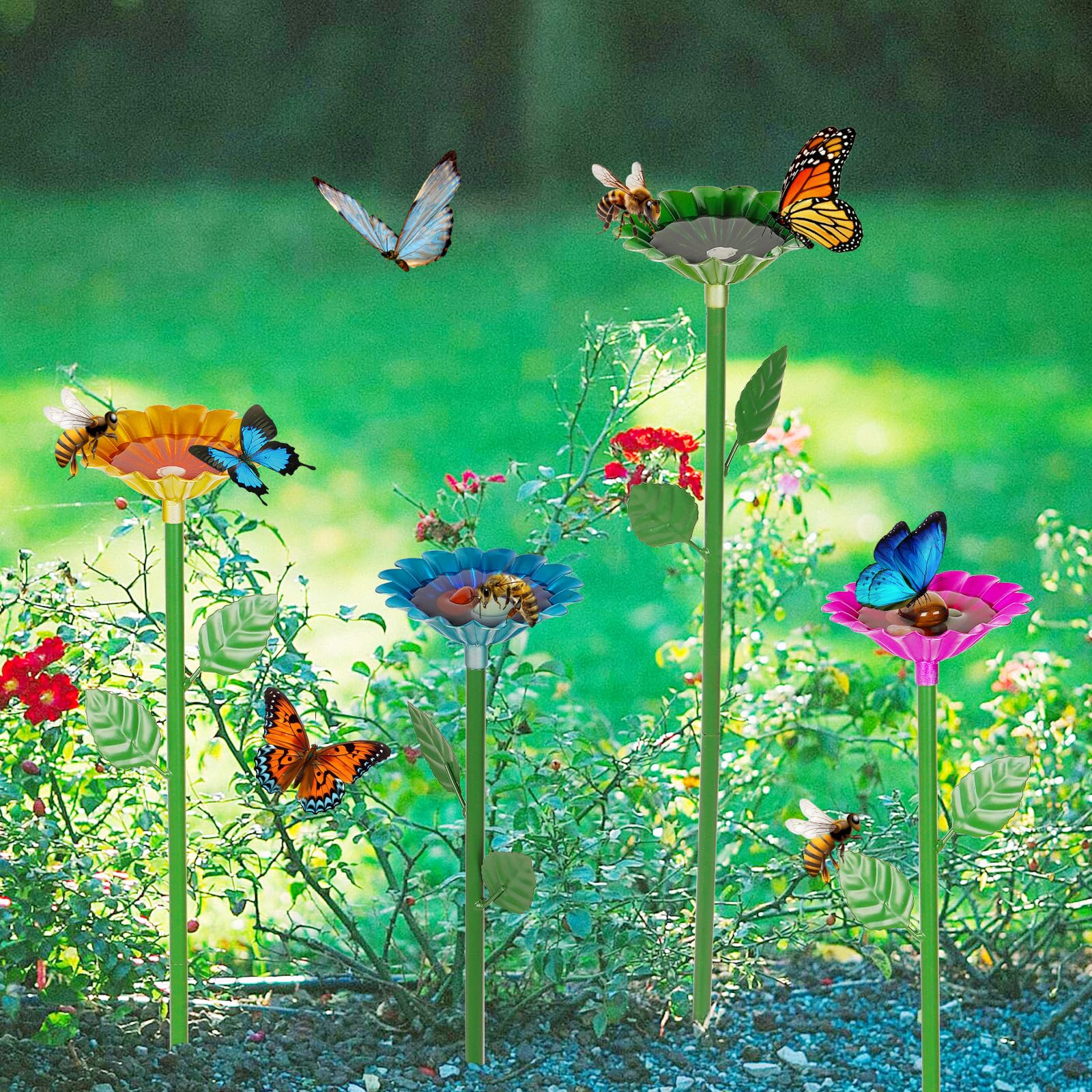 Bee Watering Station, Bee Cups for Garden Metal Bee Water Feeder with Flower Design