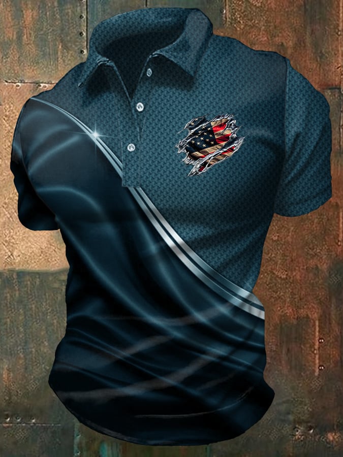 Men's Casual Independence Day Flag Print Polo Shirt