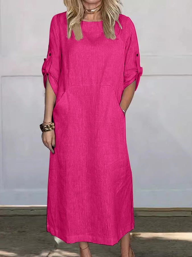 Women's Casual Loose Solid Color Cotton And Linen Dress