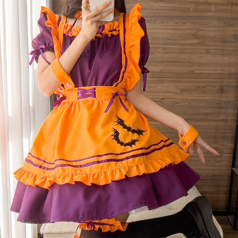 Cosplay Bat Embroidery Lace Up Ruffled Maid Dress
