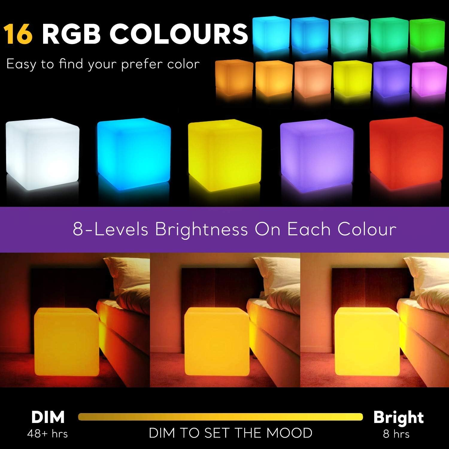 16-Inch LED Cube Chair Lights, Rechargeable LED Cube Seat with Remote, Waterproo