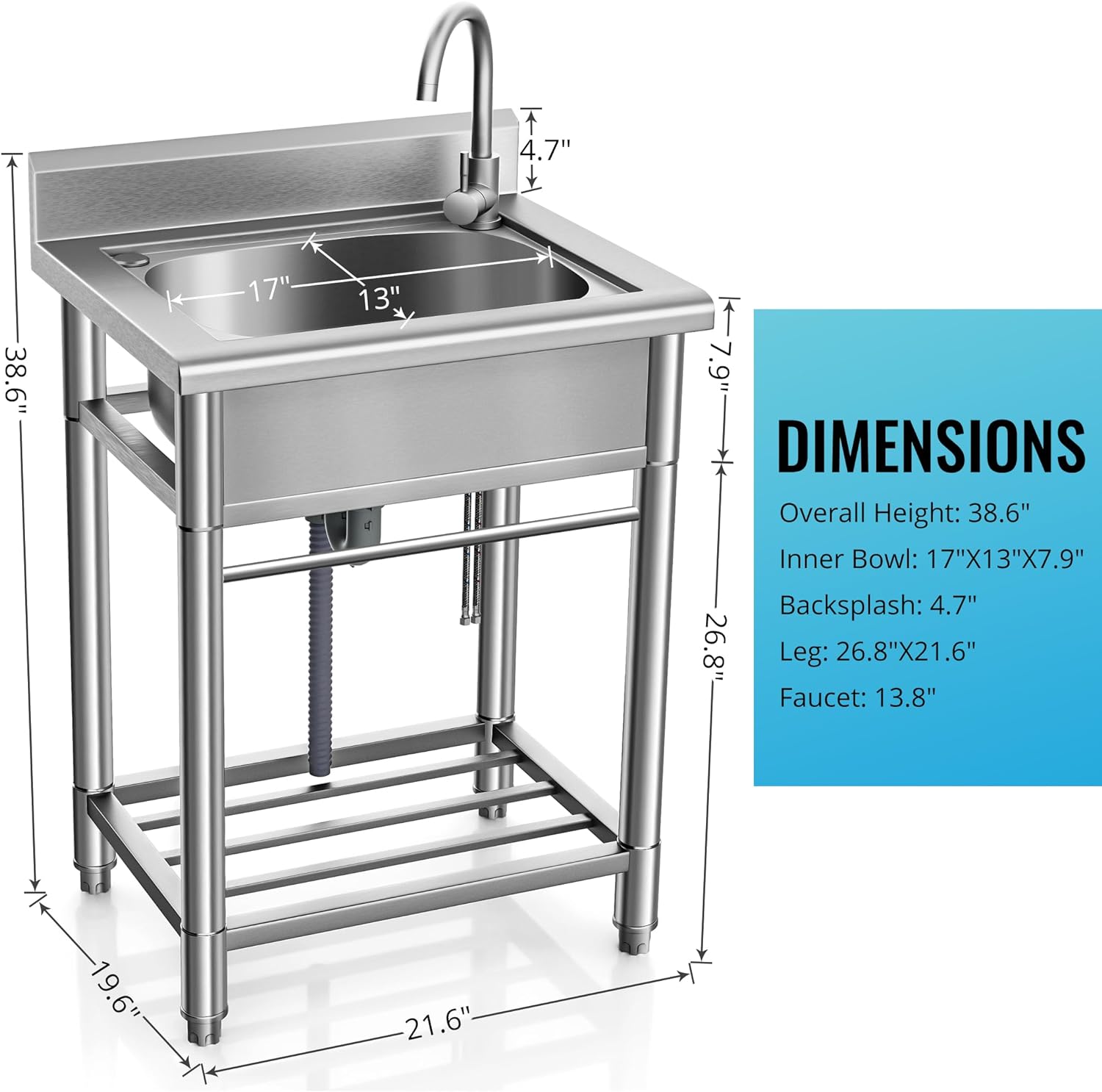 Worcest Utility Sink Free Standing Single Bowl Kitchen Sink with Cold and Hot Water Pipe