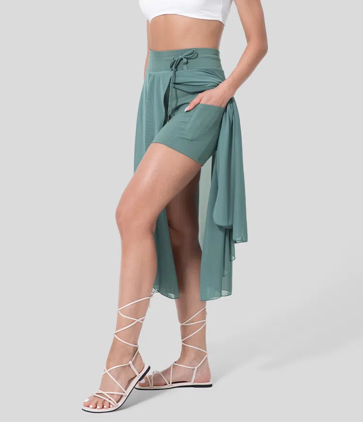 ON SALE🔥High Waisted Drawstring Contrast Mesh 2-in-1 Side Pocket Flowy Midi Flare Casual Skirt