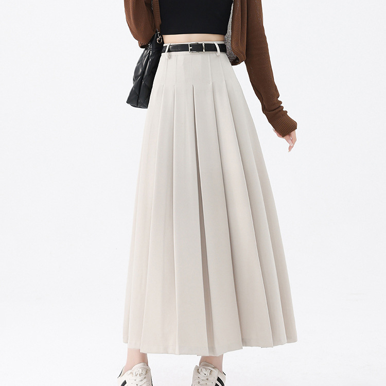 White High waist show thin pleated skirt belt suit skirt
