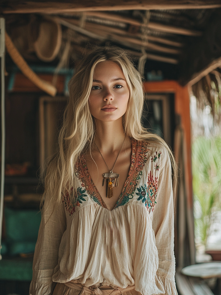 Retro Boho Tribal Art Embroidery Print Cotton And Linen V-neck Loose Shirt