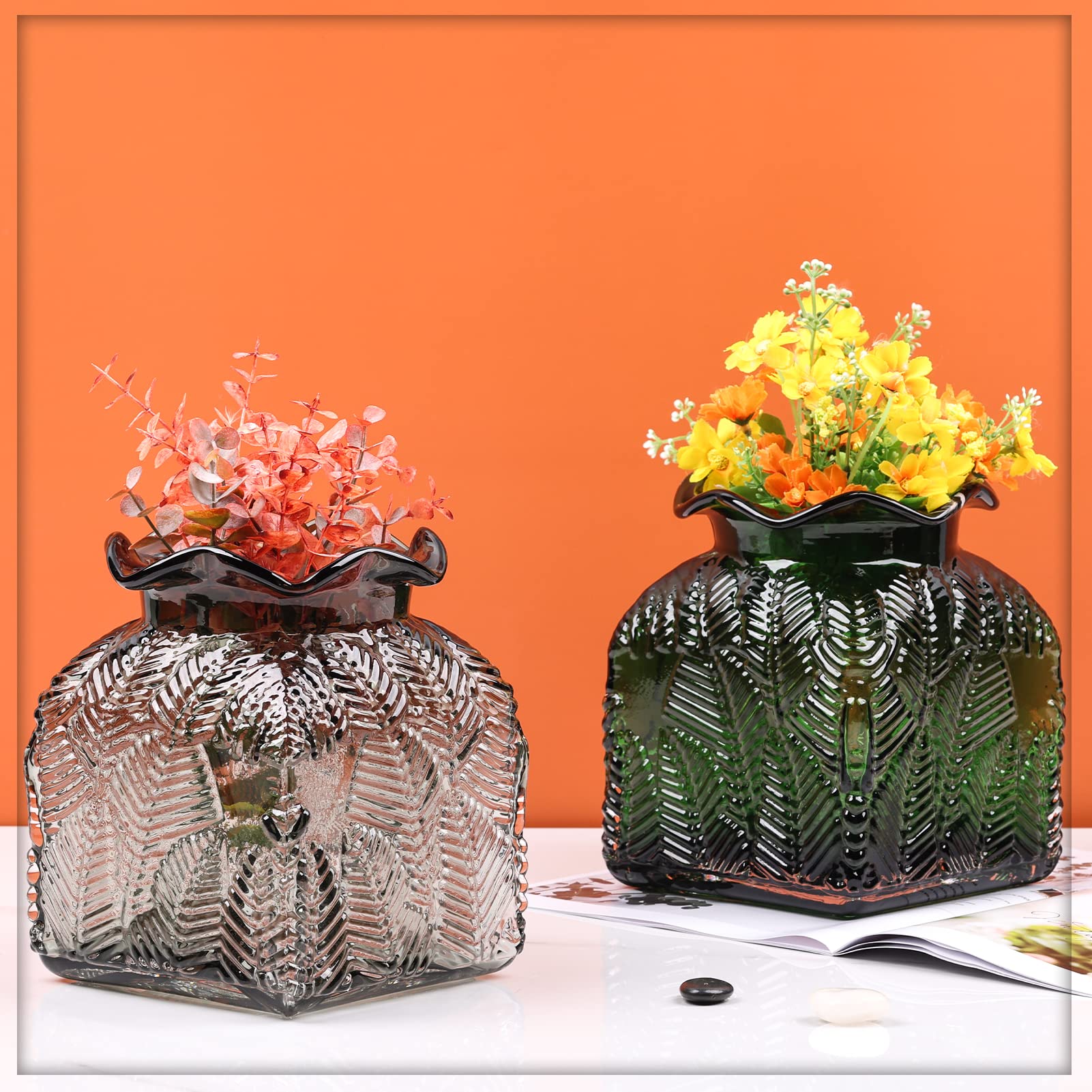 Gray Glass Flower Vase, Crystal Money Bag Vase for Modern Fashion Flower Home Decoration