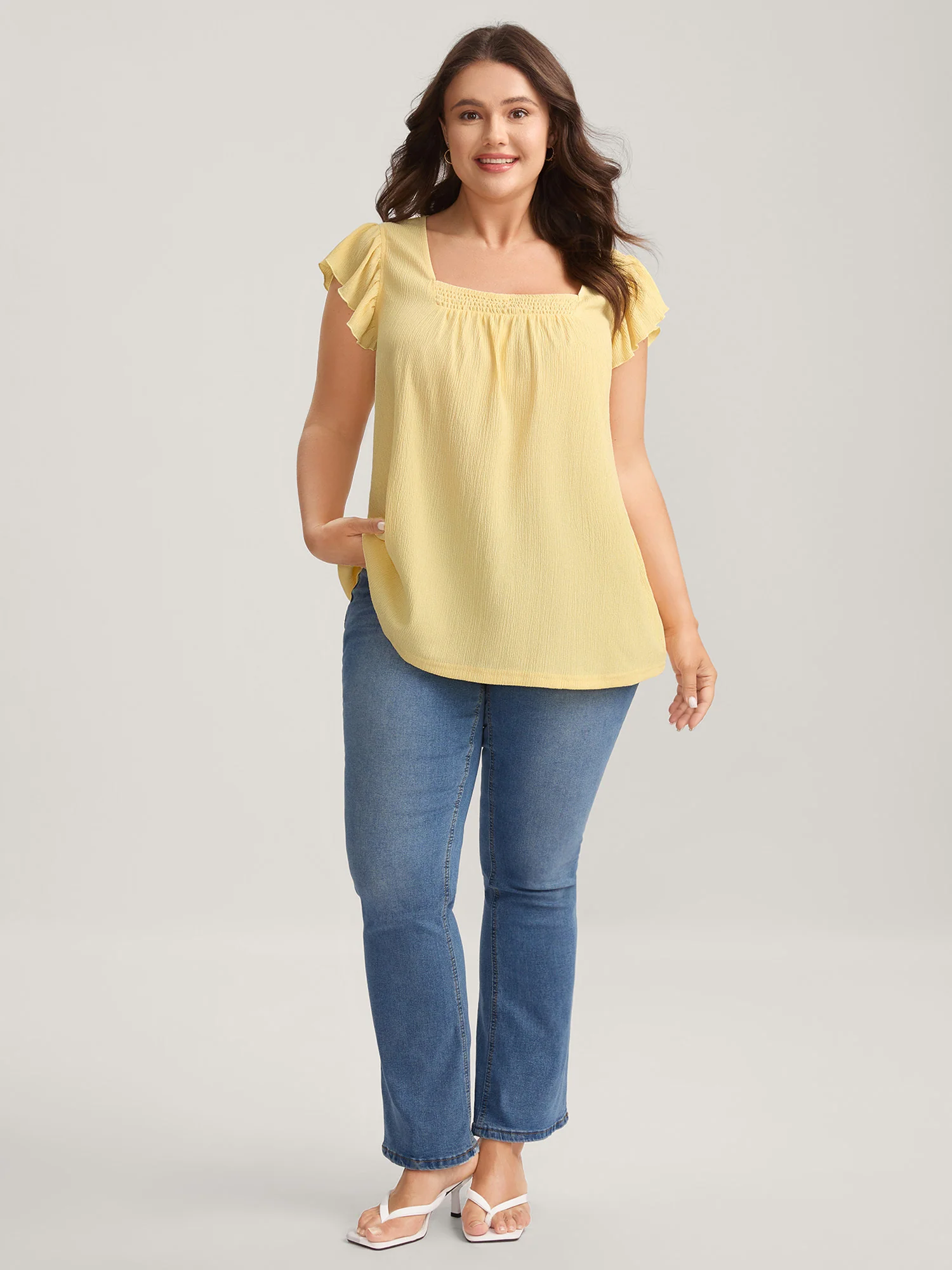 Shirred Square Neck Flowy Solid Top