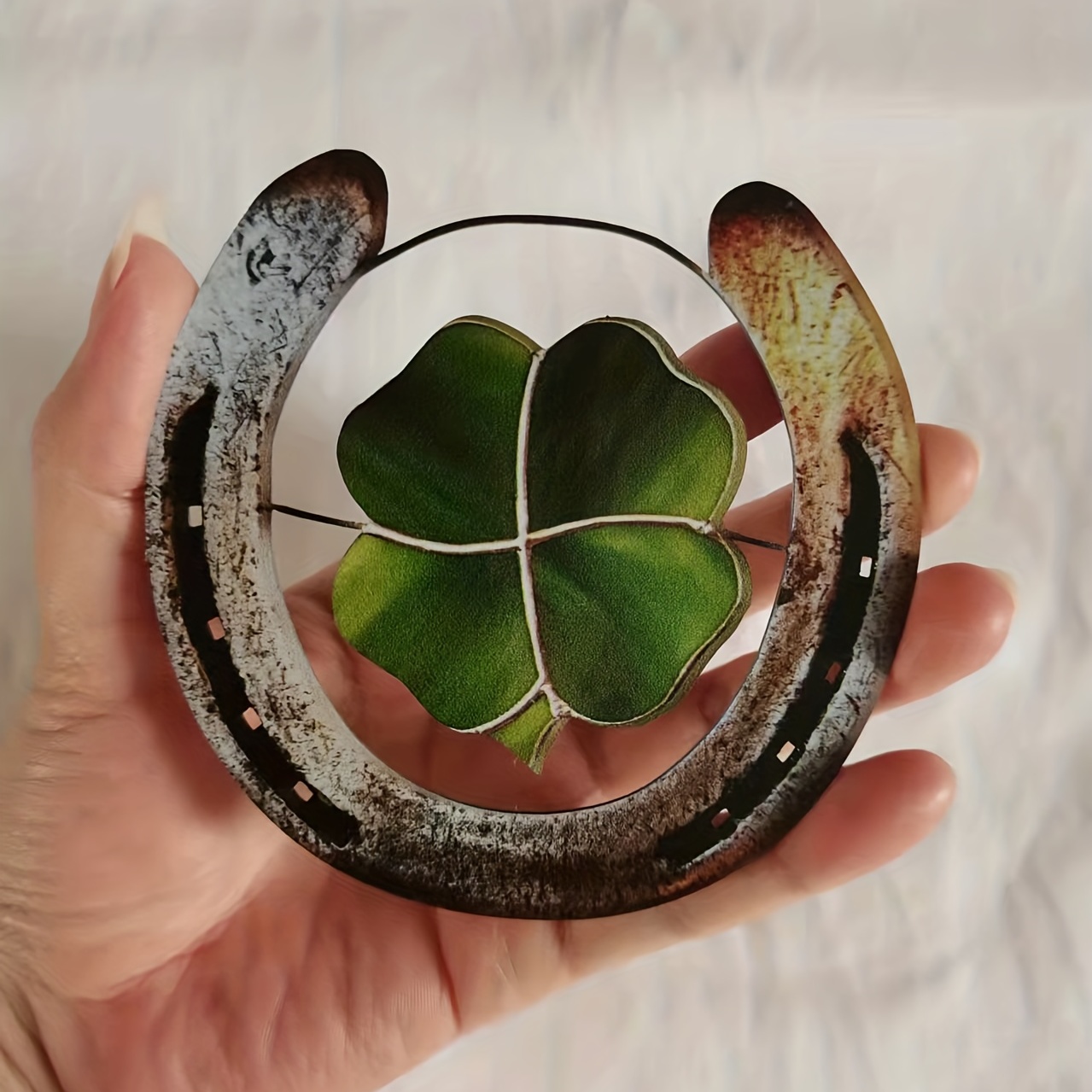🍀🐴 Four Leaf Clover Lucky Horseshoe - Metal  & Glass Art ✨ Buy 3 Get 10% OFF & Free Shipping