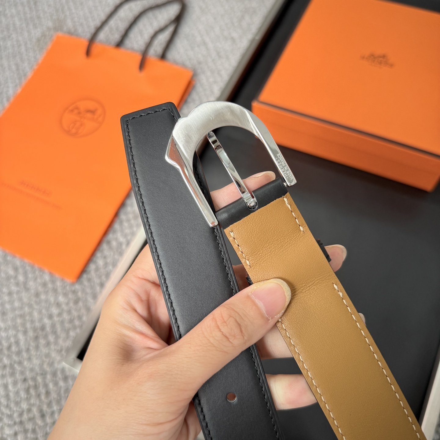 Hermès BoxTogo calfskin double-sided belt 3.2CM wide