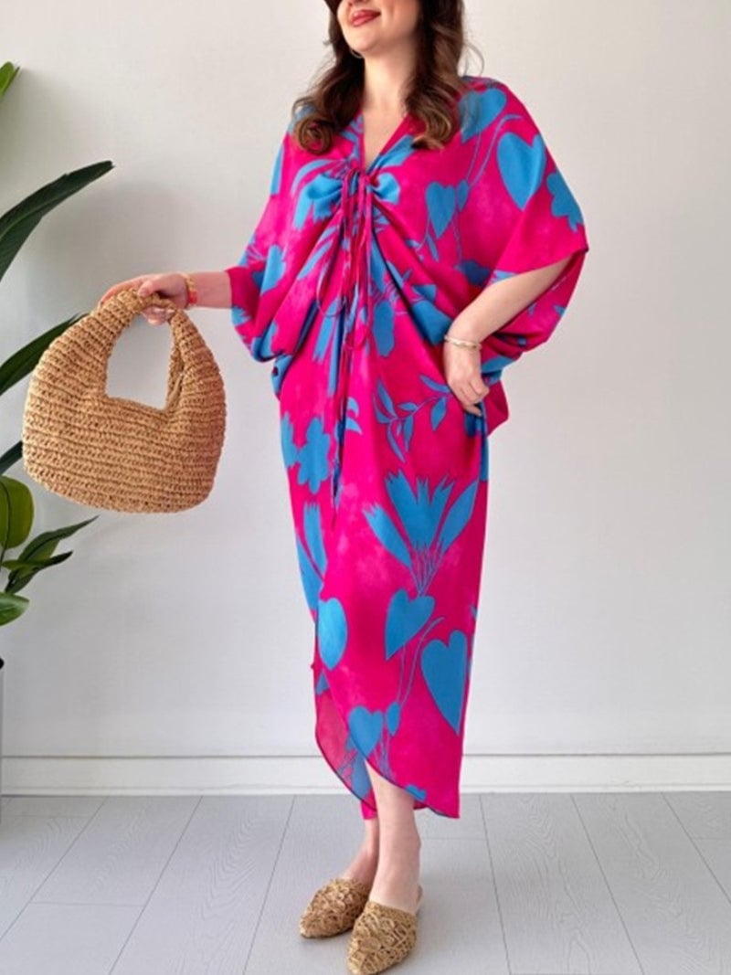 💃 FASHION PRINTED LOOSE BAT SLEEVES V-NECK DRAWSTRING DRESS