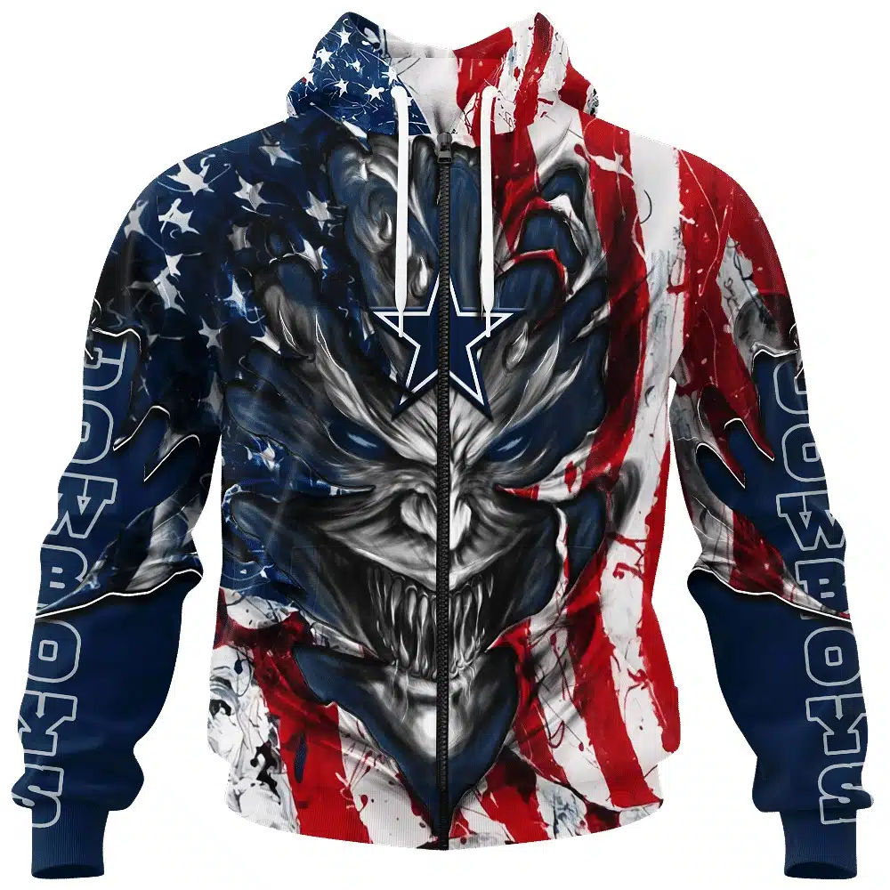 DALLAS COWBOYS DEMON FACE AMERICAN FLAG-3D UNISEX HOODIE
