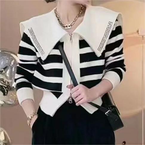 Sailor Collar Striped Sweater Coat with Niche Design and Hot Drilling Details