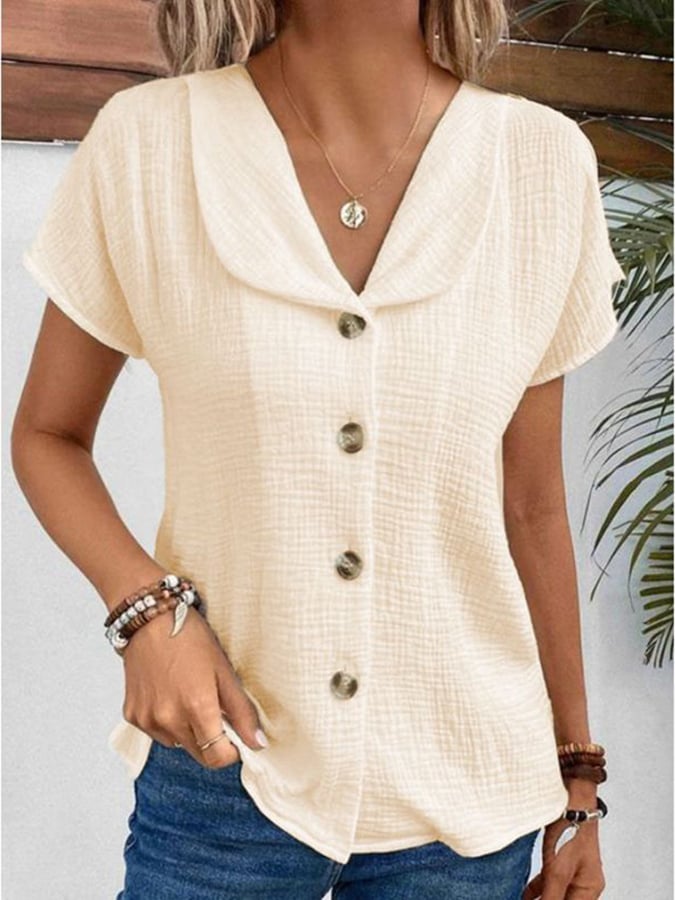 Women's Textured Fabric Dolly Collar Button Design Casual Shirt
