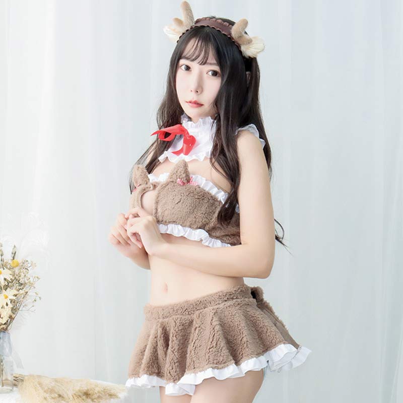 Love Heart Hollow Cat Ears Plush Lingerie Set