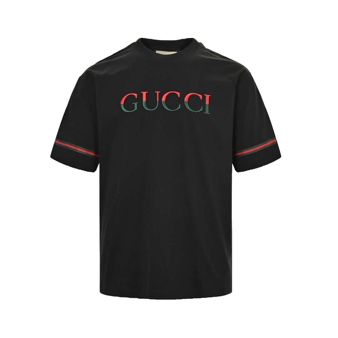 Gucci 24ss red and green color matching embroidered letter short sleeve