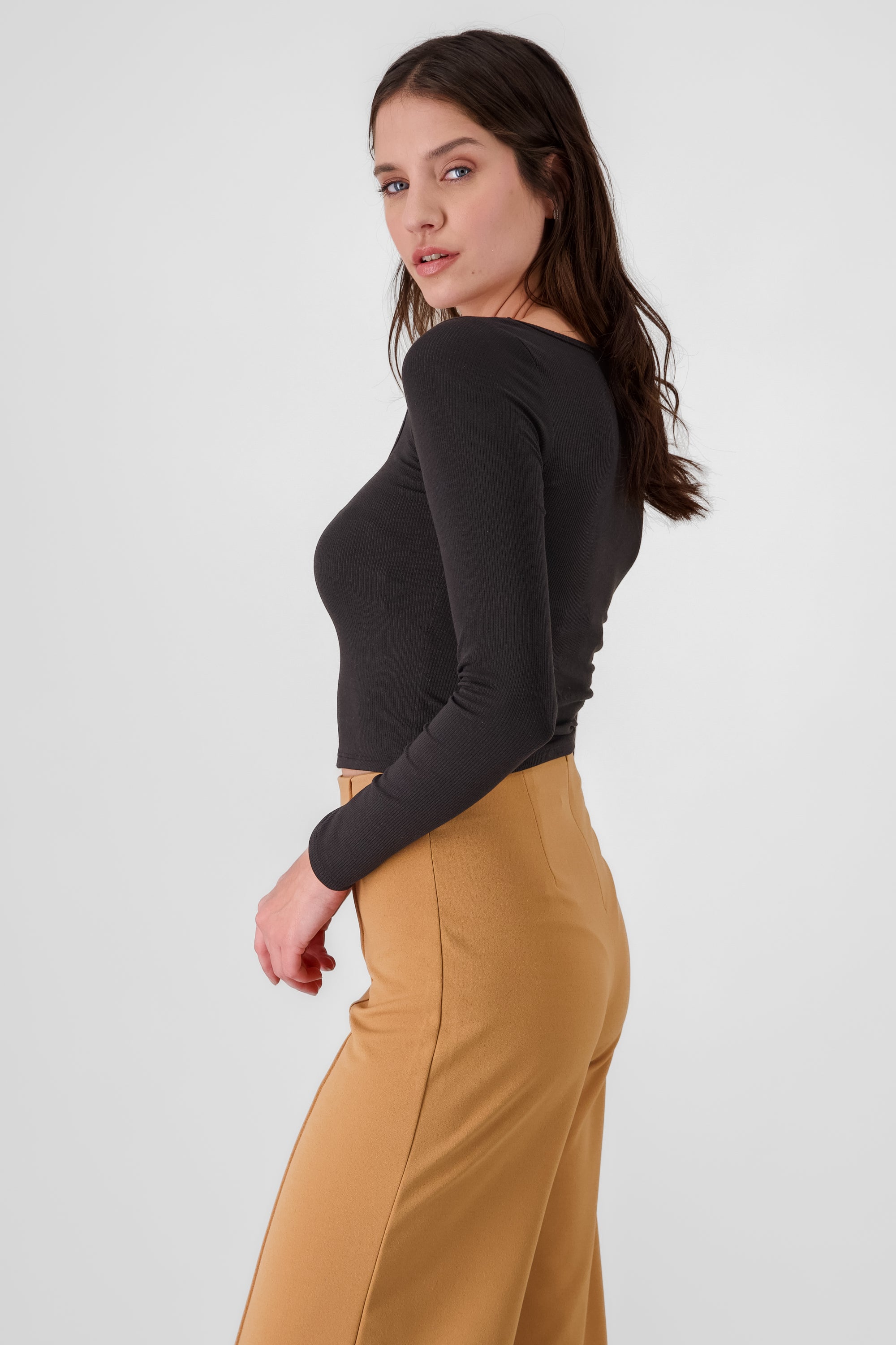 Solid Ribbed Long Sleeve Top