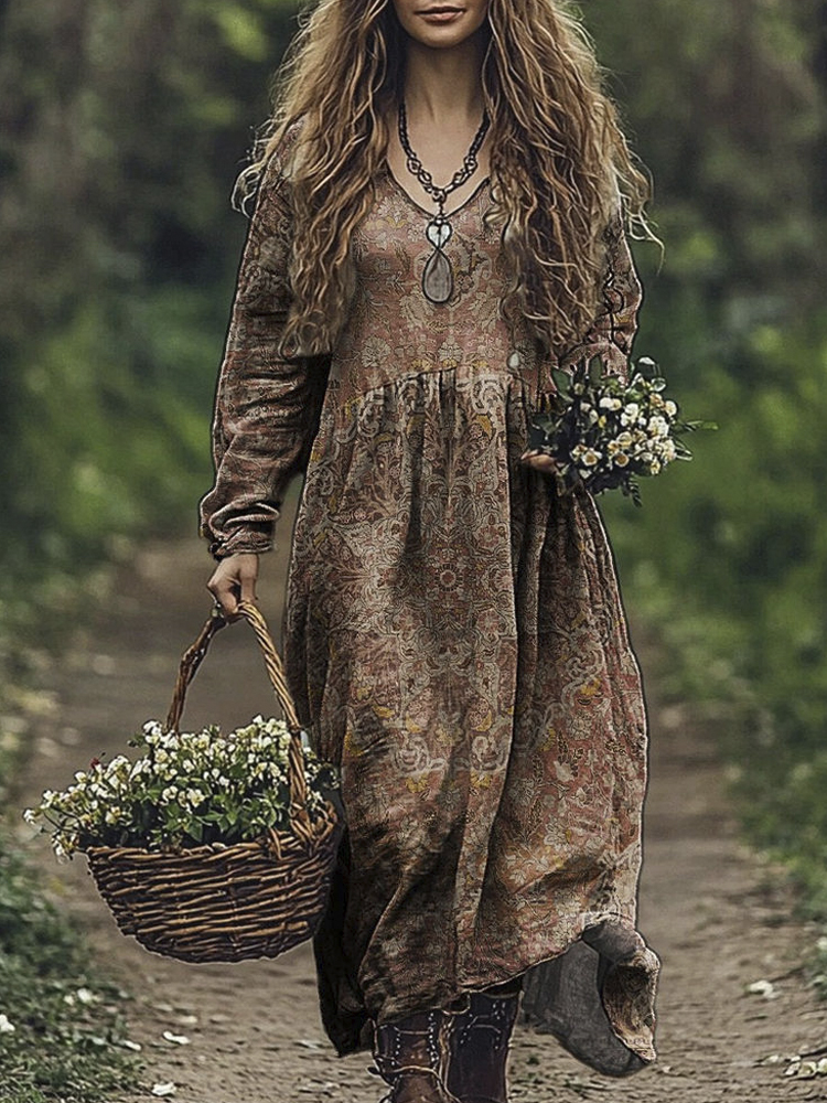 Vintage Floral Pattern Women's Flowy Maxi Dress