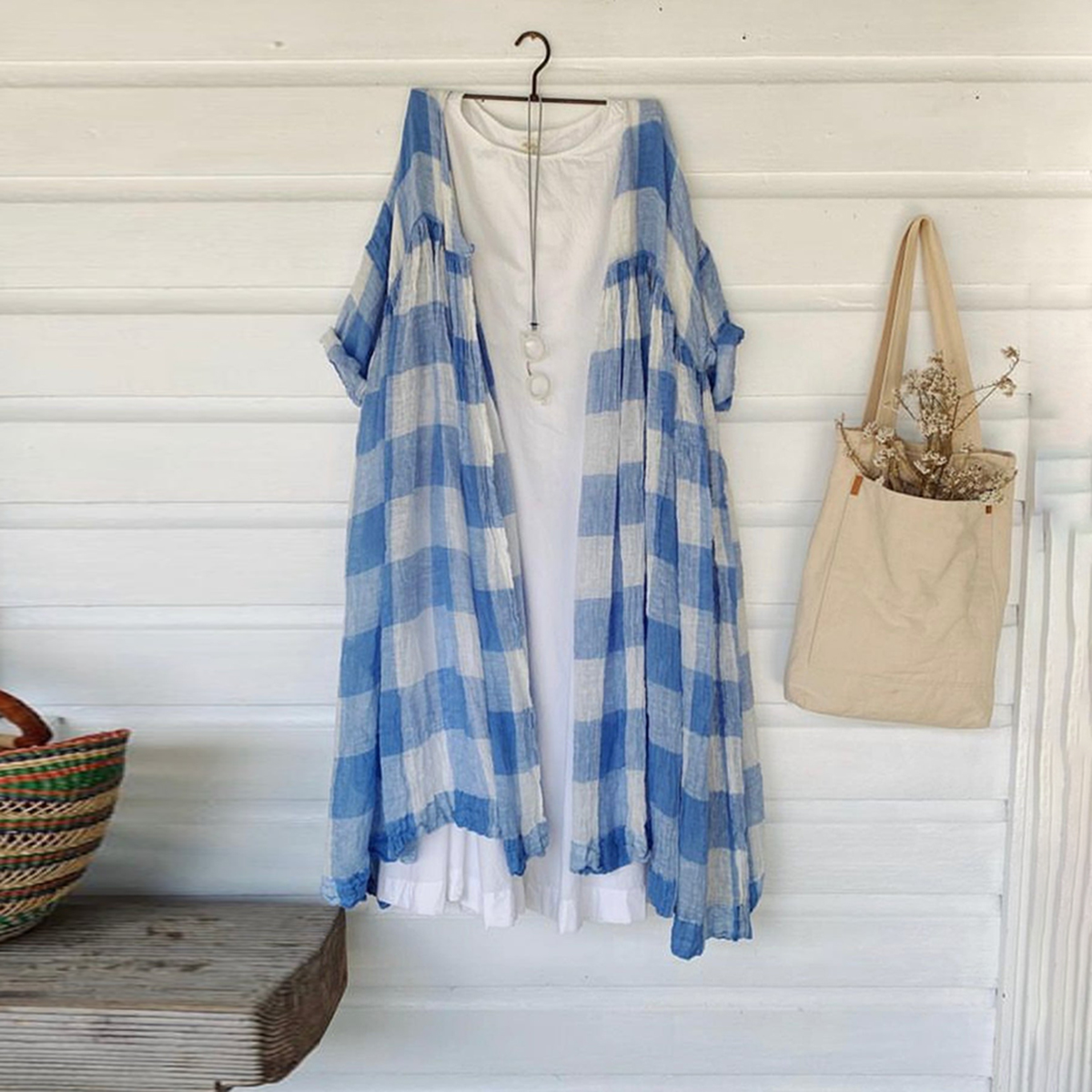 Plaid Comfortable Loose Button Cardigan Midi Dress