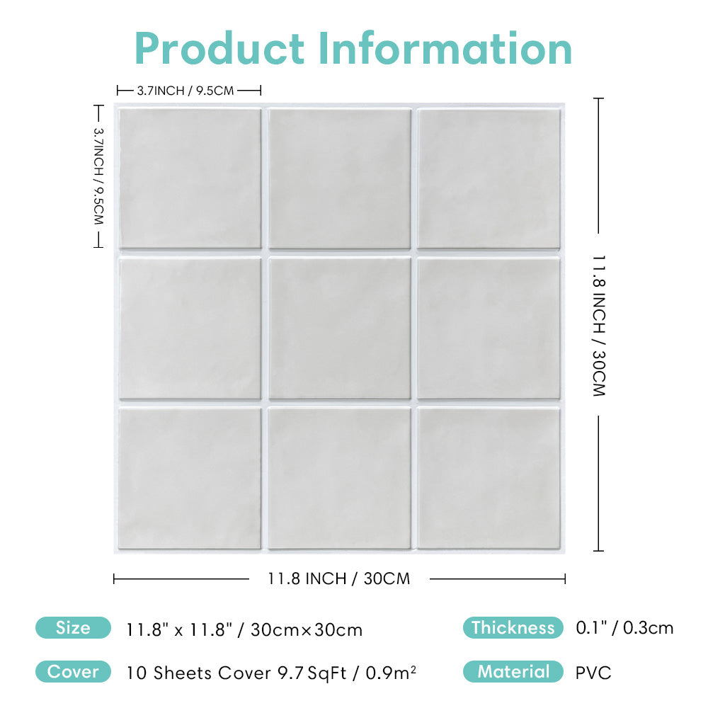 3D Mist Gray Ceramic Square Peel and Stick Wall Tile