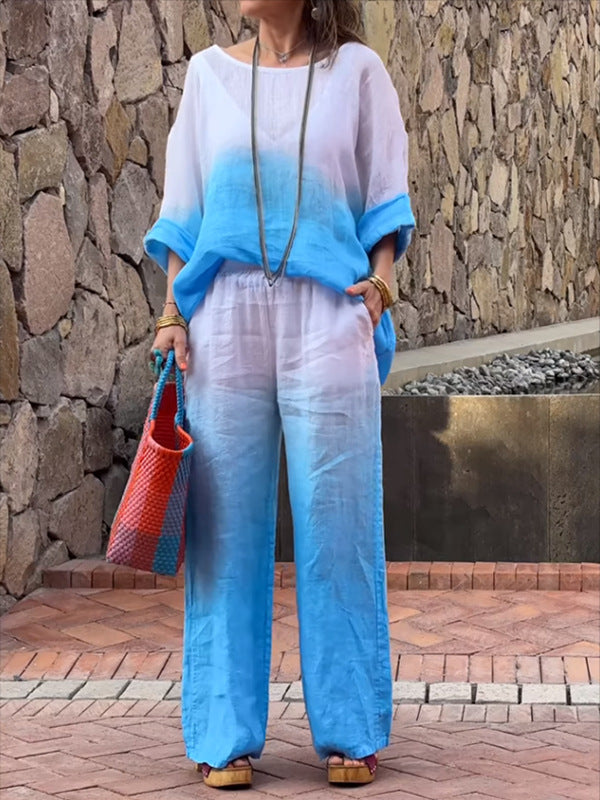 Women's Fashion Cotton Linen Gradient Two-Piece Ensemble