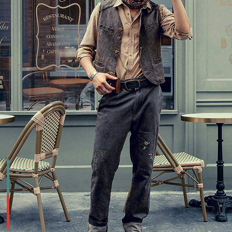 American Retro Tooling Frayed Frosted Brown Leather Vest