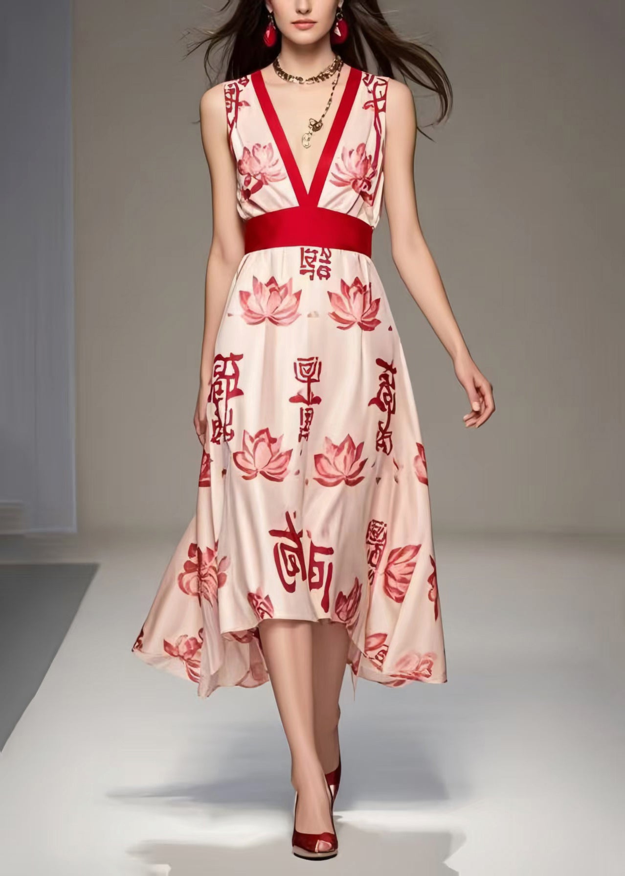 Fashion Apricot V Neck Print Chiffon Long Dress Sleeveless
