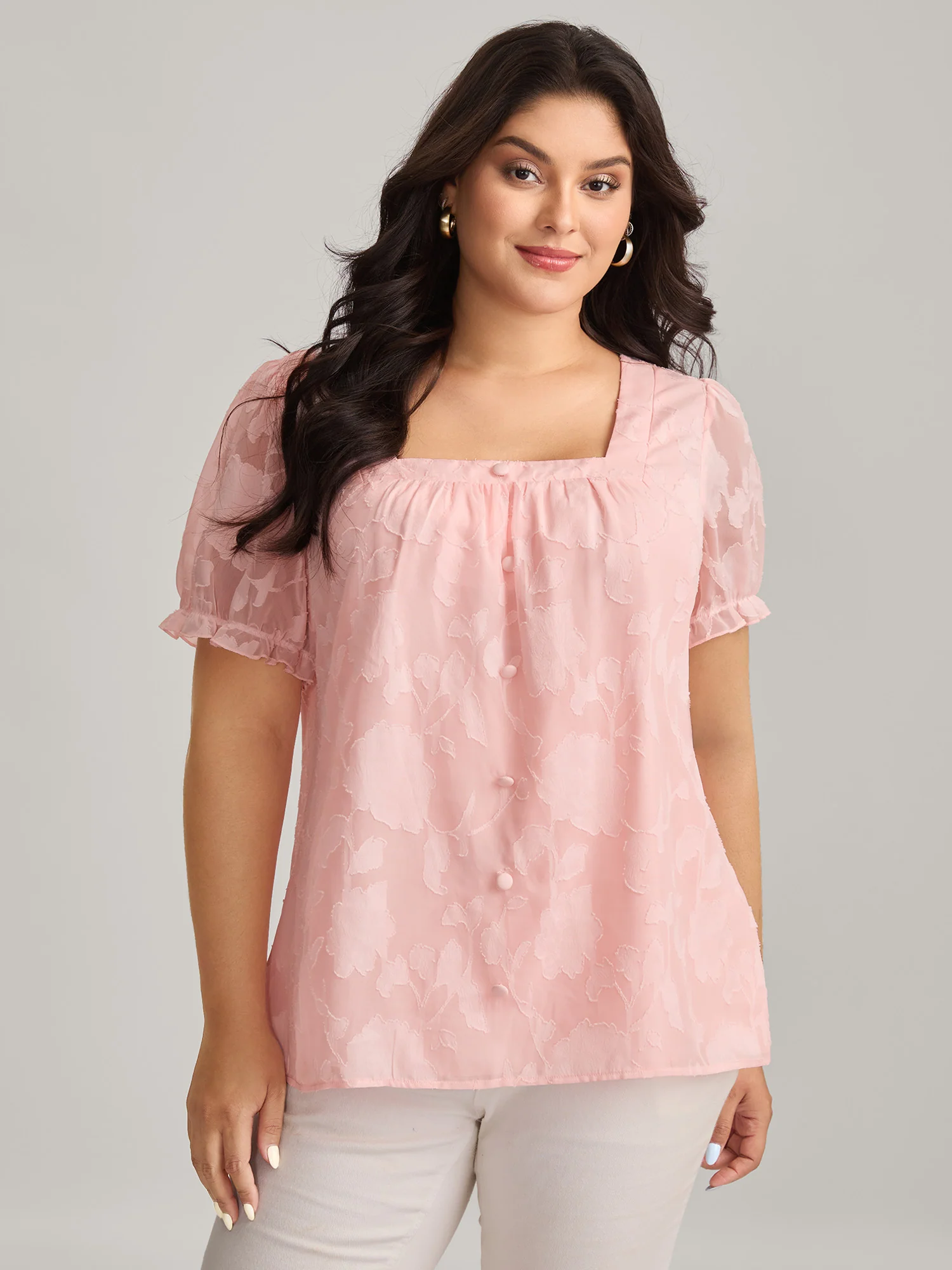 Floral Textured Button Detail Blouse