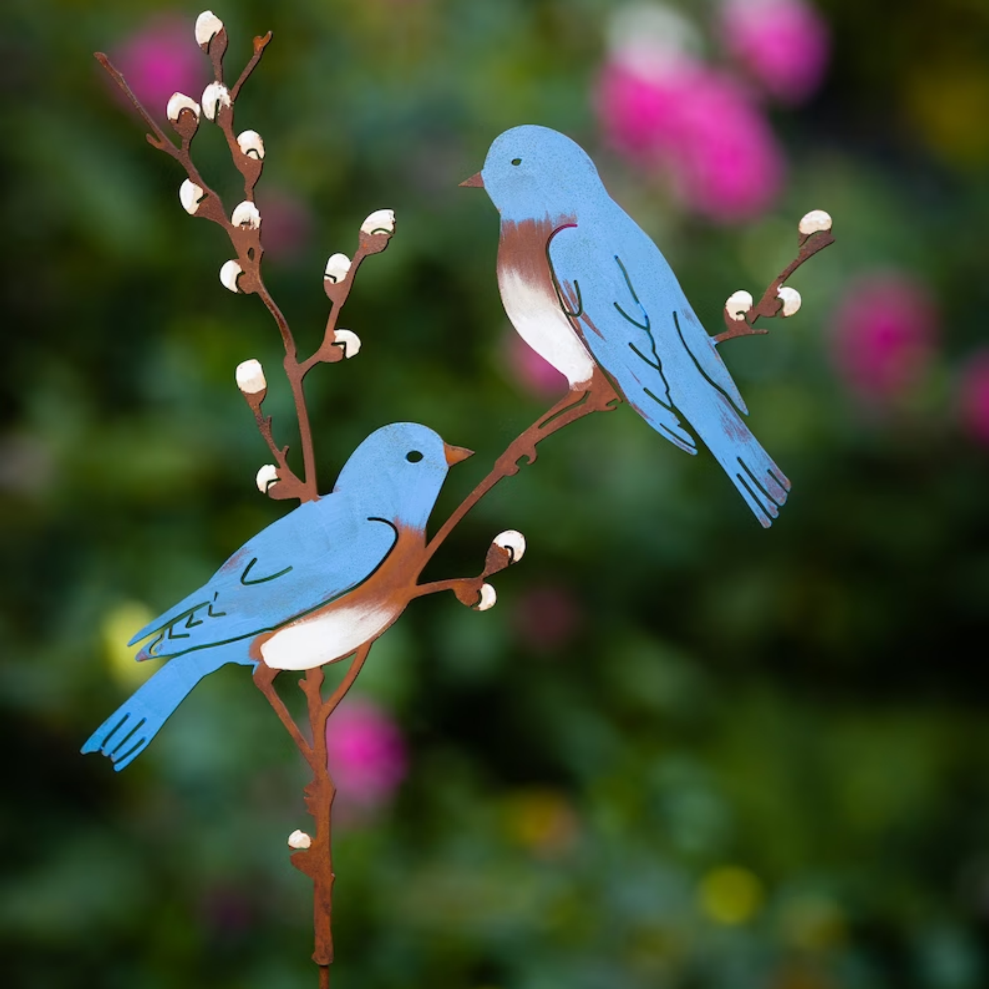 Hand painted metal bird metal garden art decoration on spring willow garden stake