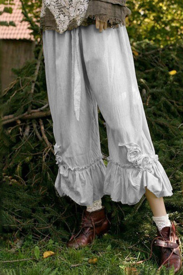 Vintage Plain Pleat Floral Loose Pant