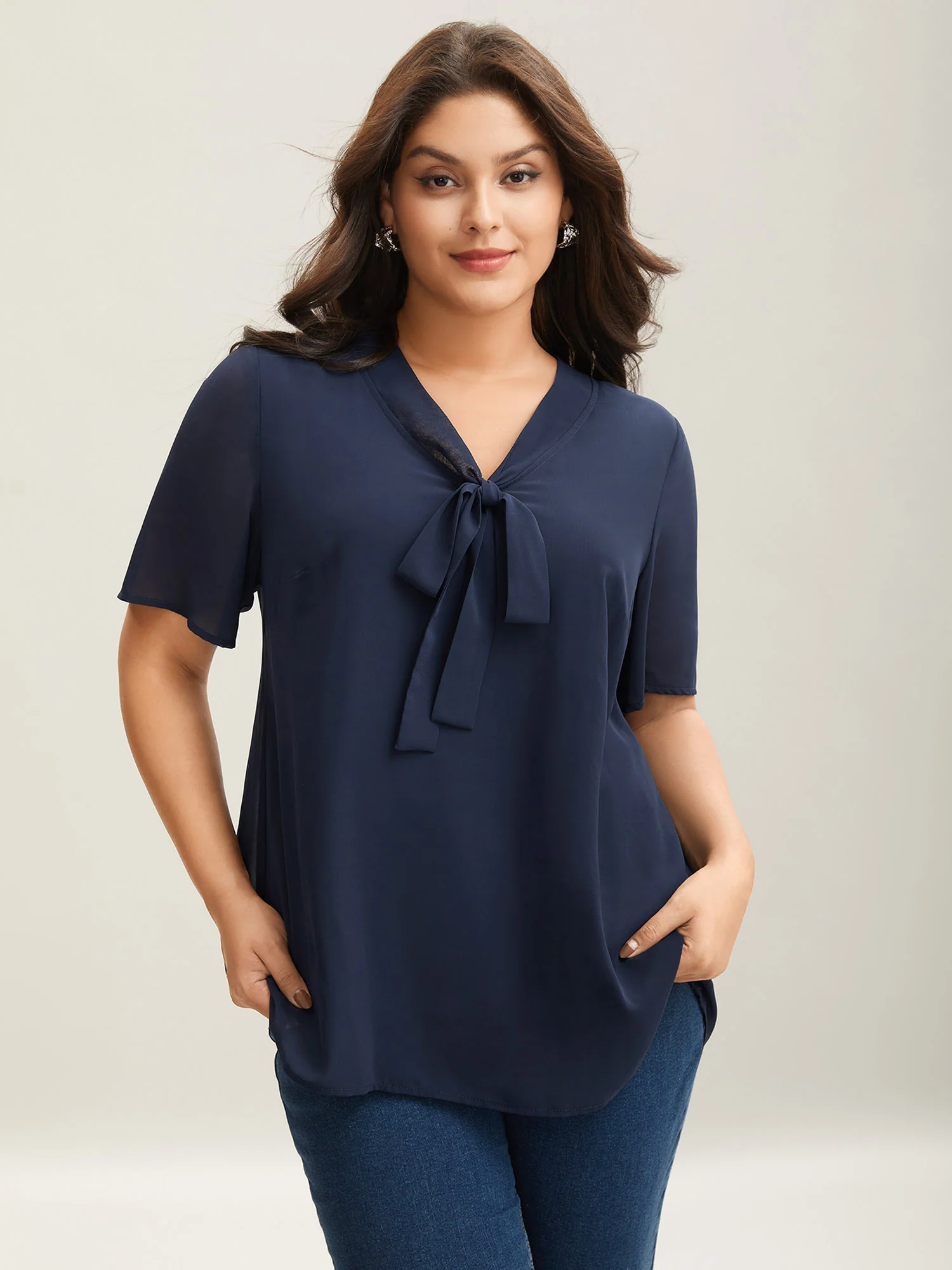Ribbon Collar Placket Lined Blouse