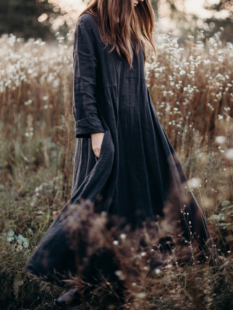 Vintage Pleat Pocket Comfy Cotton Linen Maxi Dress