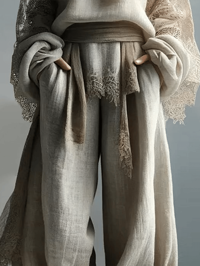 Women's Drawstring Pocket Lace Patchwork Wide Leg Pants