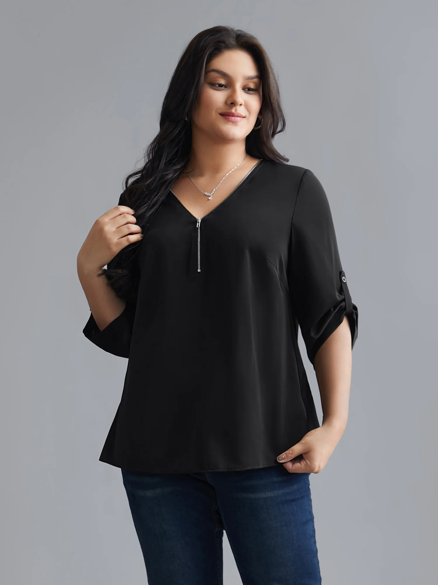 Plain V Neck Half Zip Tab Sleeve Blouse