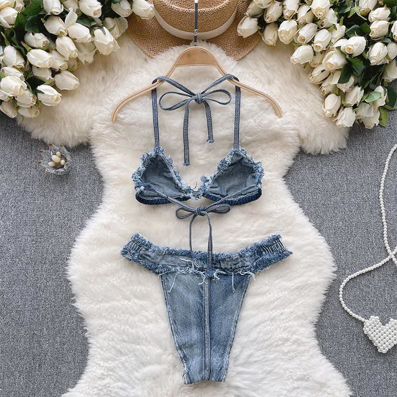 Sexy Lace Up Denim Lingerie Set