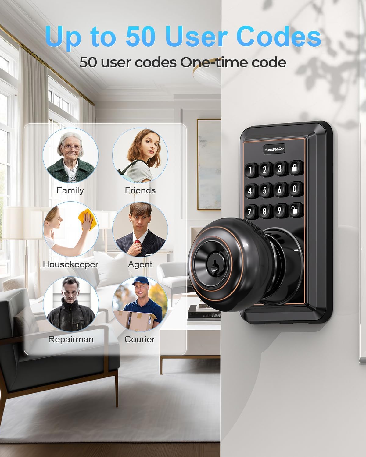Door Knob with Keypad, Door Lock with Code, Keyless Door Knob, Auto Lock,50 User Code,Waterproof, Easy to Install and Program for Bedroom Garage Office Gate - Oil Rubbed Bronze -ApeStellar