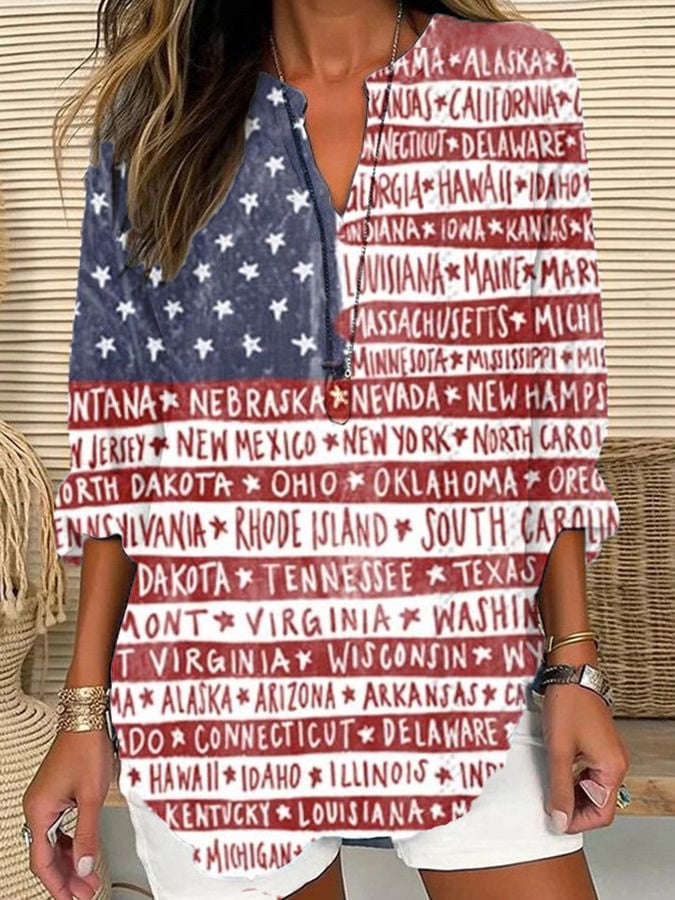 Women's Independence Day Printed Cotton and Linen Shirt