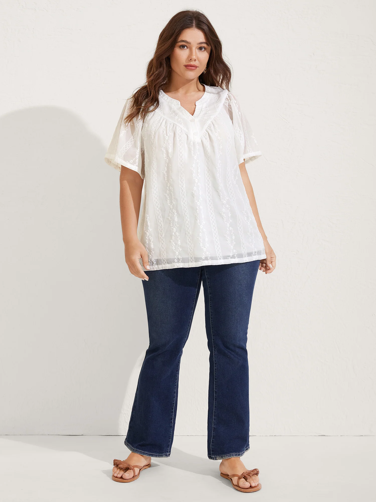 Embroidered Notched Collar Sheer Blouse