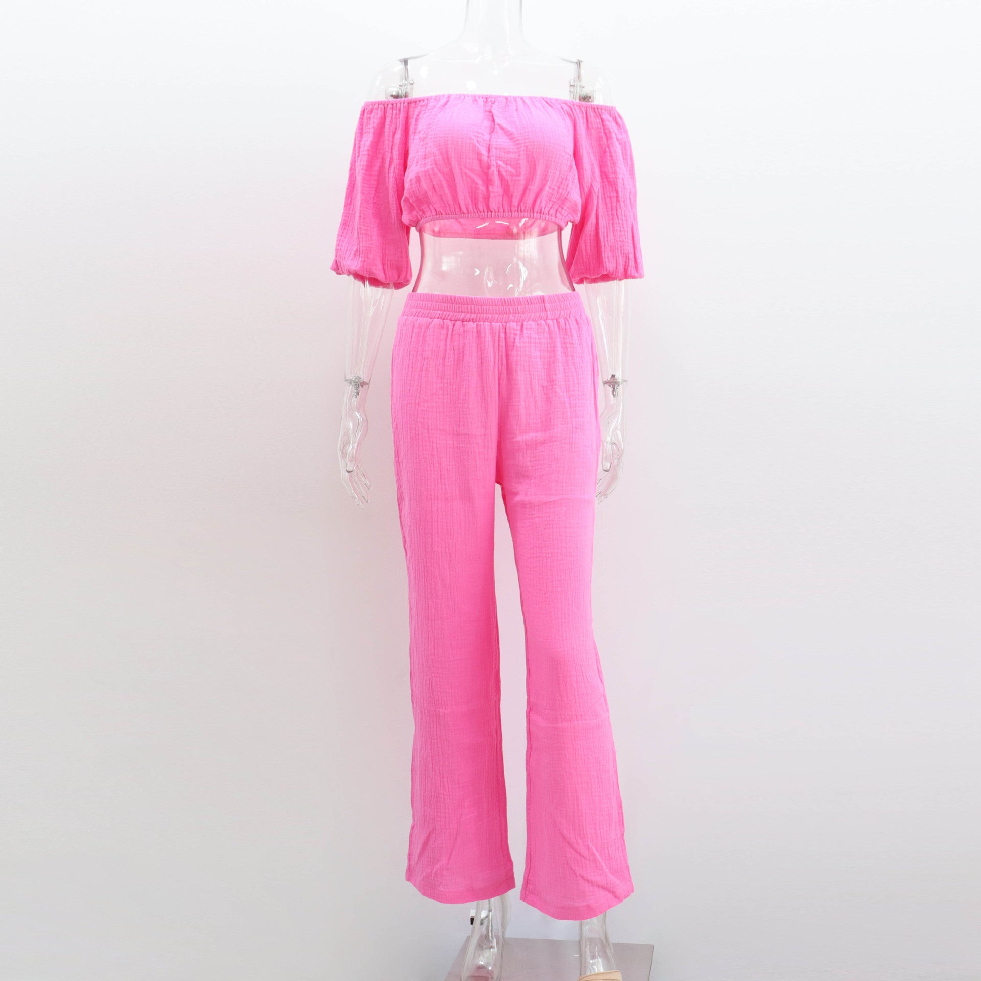 Casual Summer Suit for Women: Off-Shoulder Solid Color Top with Wide-Leg Pants in Pure Cotton