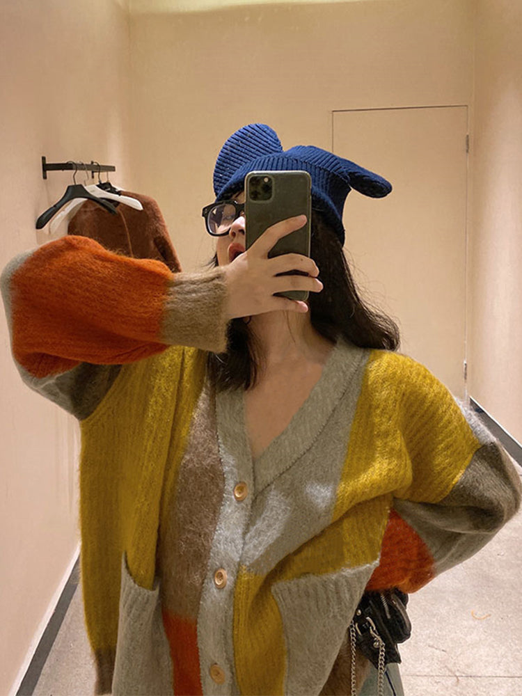 Lazy Wind Match Color Knitted Coat: Loose V-neck Fashion Mid-length Sweater Cardigan for Women