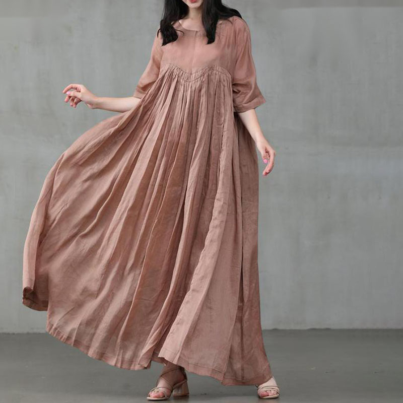 Solid Color Patchwork Half Sleeves Linen Casual Maxi Dress
